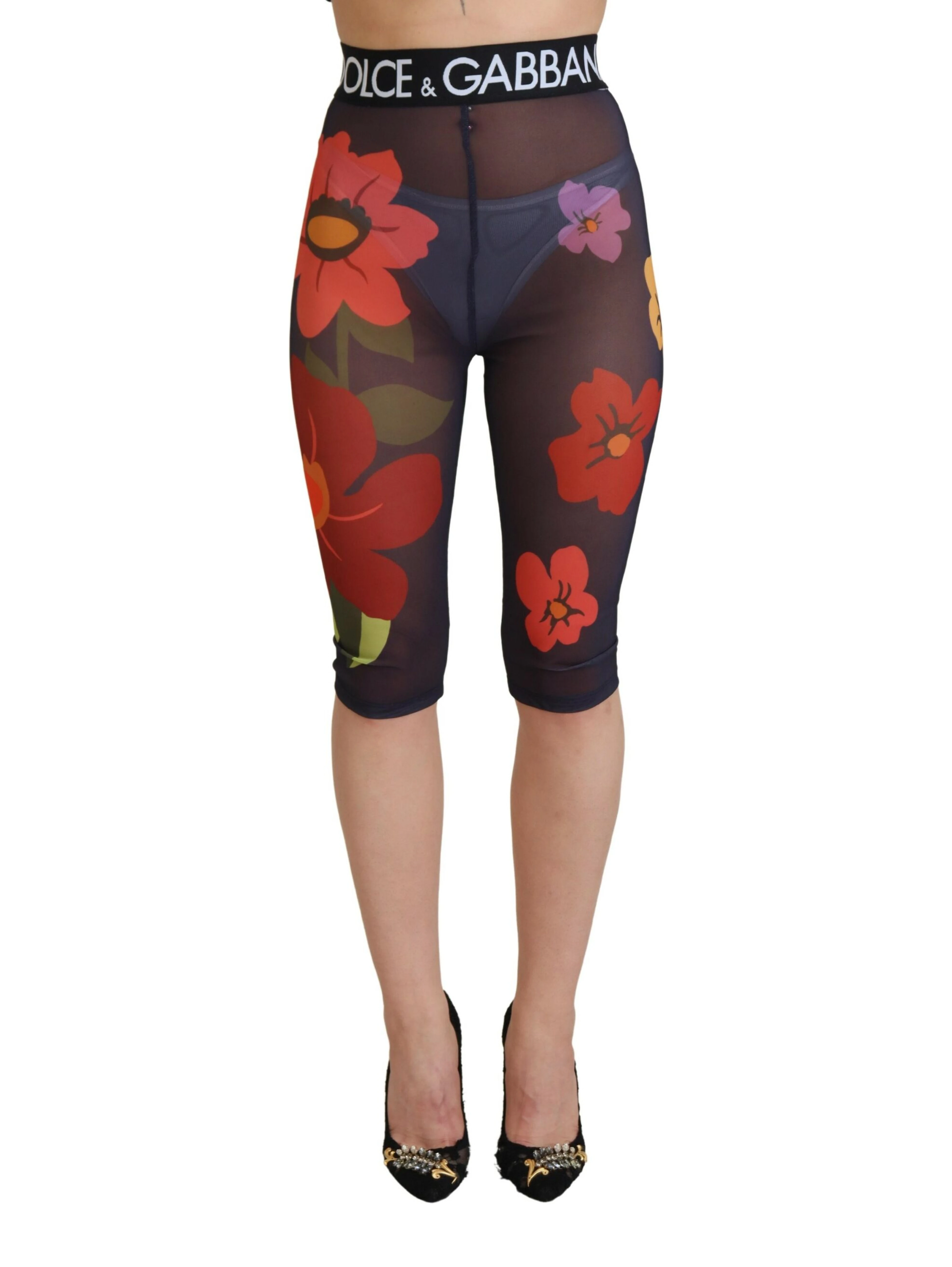 Black Floral Leggings Stretch Waist Pants