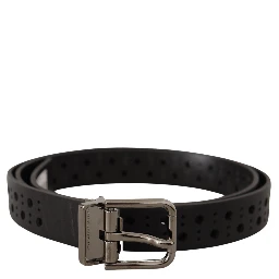Black Calf Leather Perforated Metal Buckle Belt