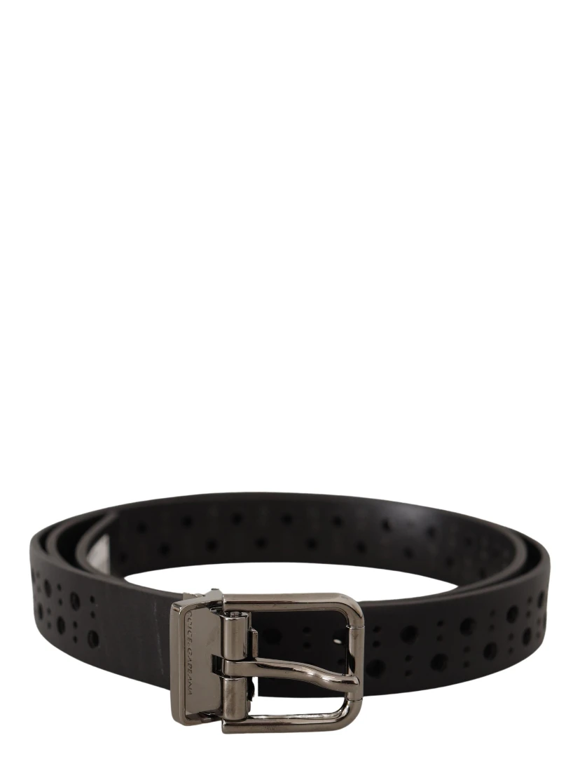Black Calf Leather Perforated Metal Buckle Belt