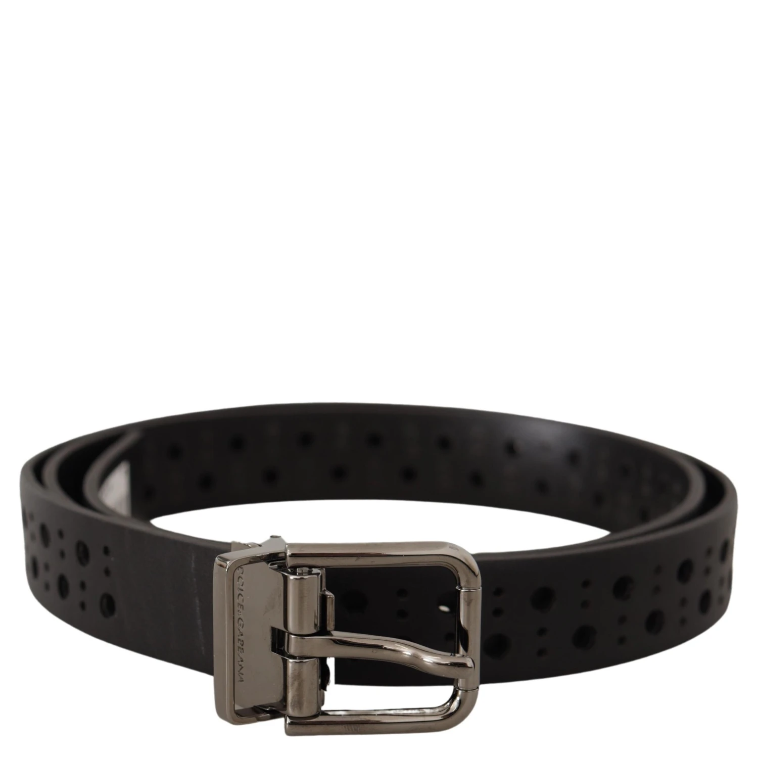 Black Calf Leather Perforated Metal Buckle Belt