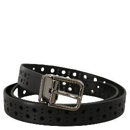 Black Calf Leather Perforated Metal Buckle Belt