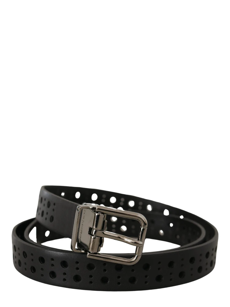 Black Calf Leather Perforated Metal Buckle Belt alternative