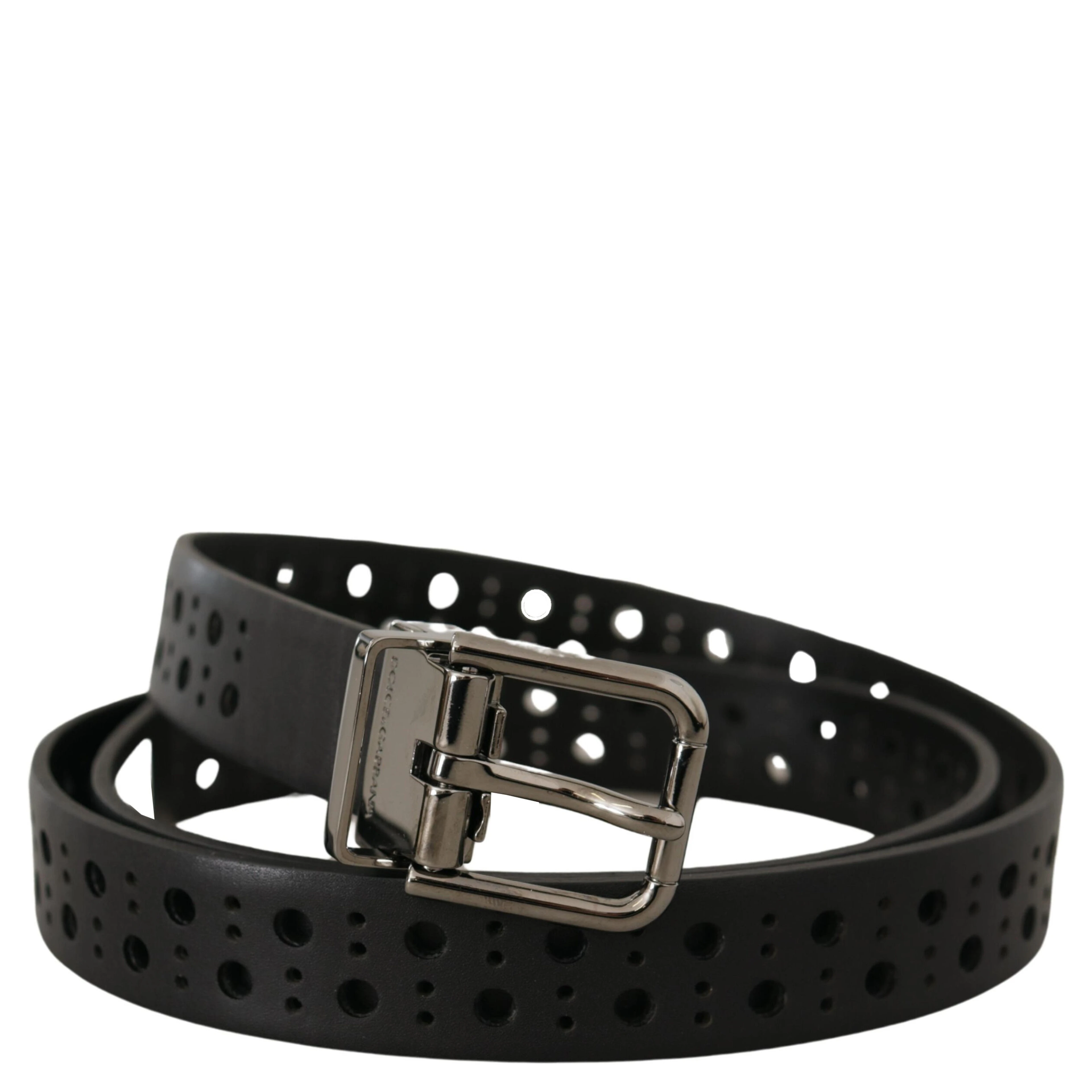 Black Calf Leather Perforated Metal Buckle Belt