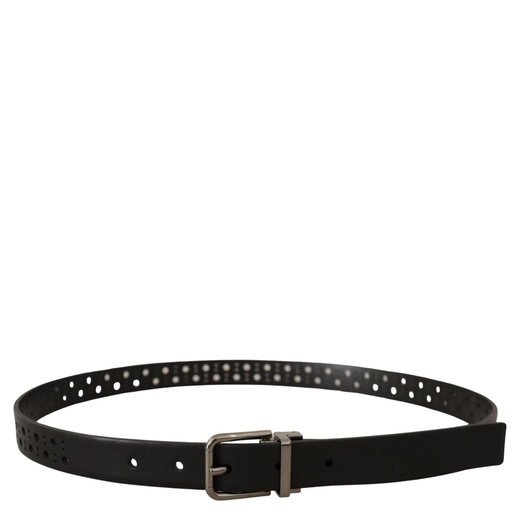 Black Calf Leather Perforated Metal Buckle Belt