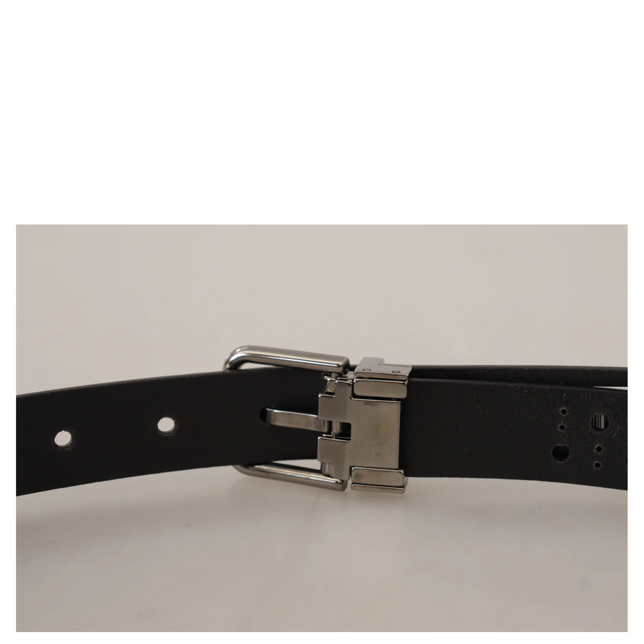 Black Calf Leather Perforated Metal Buckle Belt