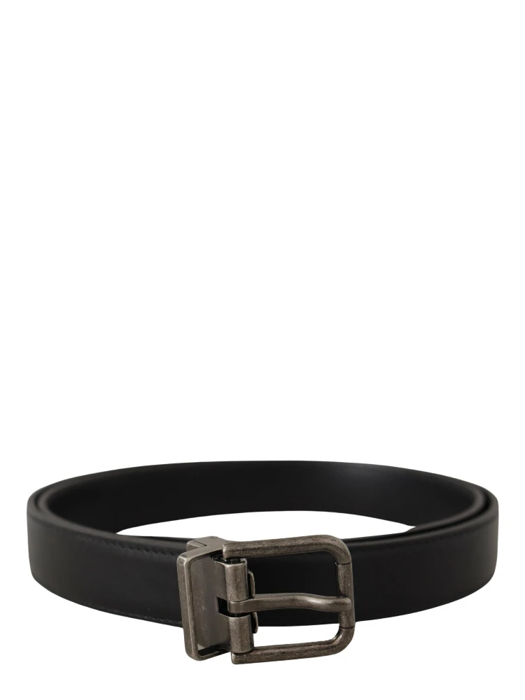 Black Plain Leather Vintage Logo Metal Buckle Belt