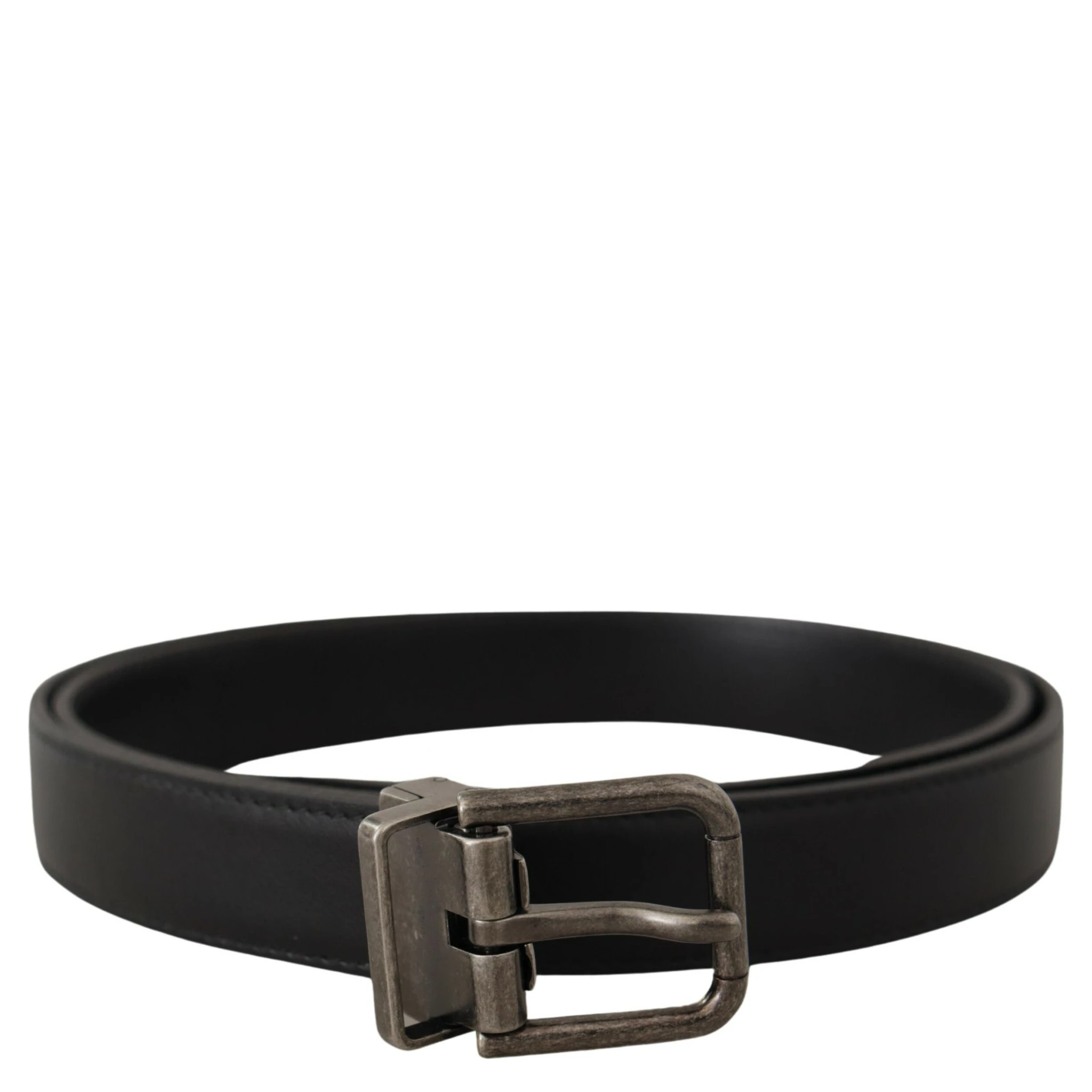 Black Plain Leather Vintage Logo Metal Buckle Belt