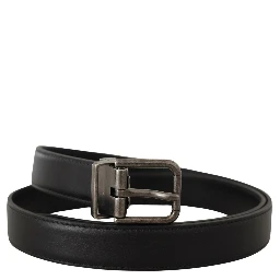 Black Plain Leather Vintage Logo Metal Buckle Belt