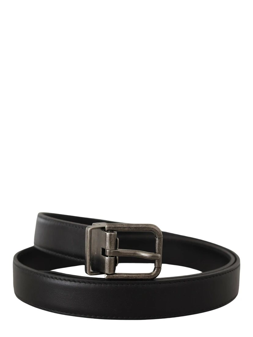 Black Plain Leather Vintage Logo Metal Buckle Belt