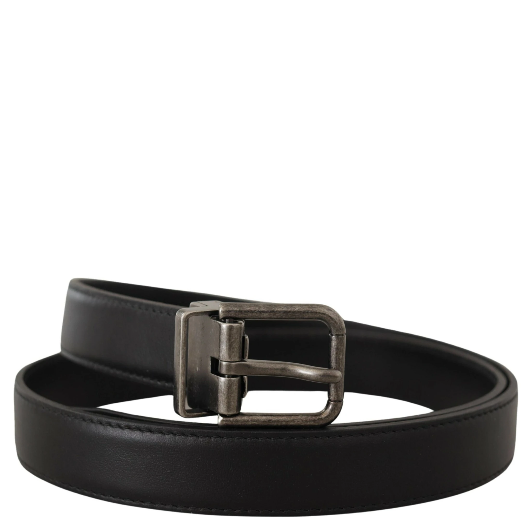 Black Plain Leather Vintage Logo Metal Buckle Belt