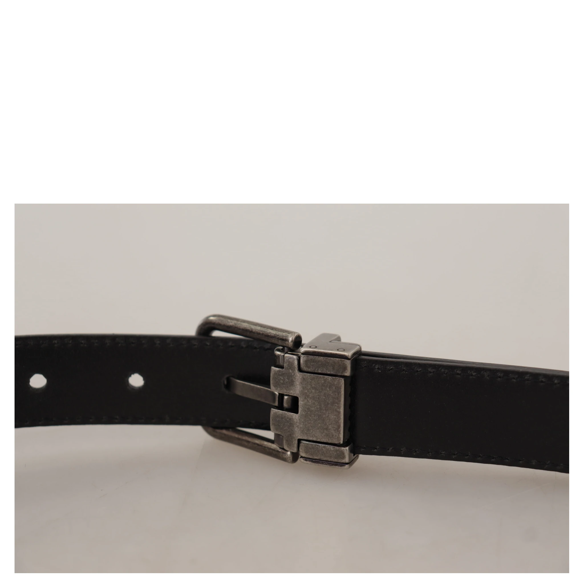 Black Plain Leather Vintage Logo Metal Buckle Belt