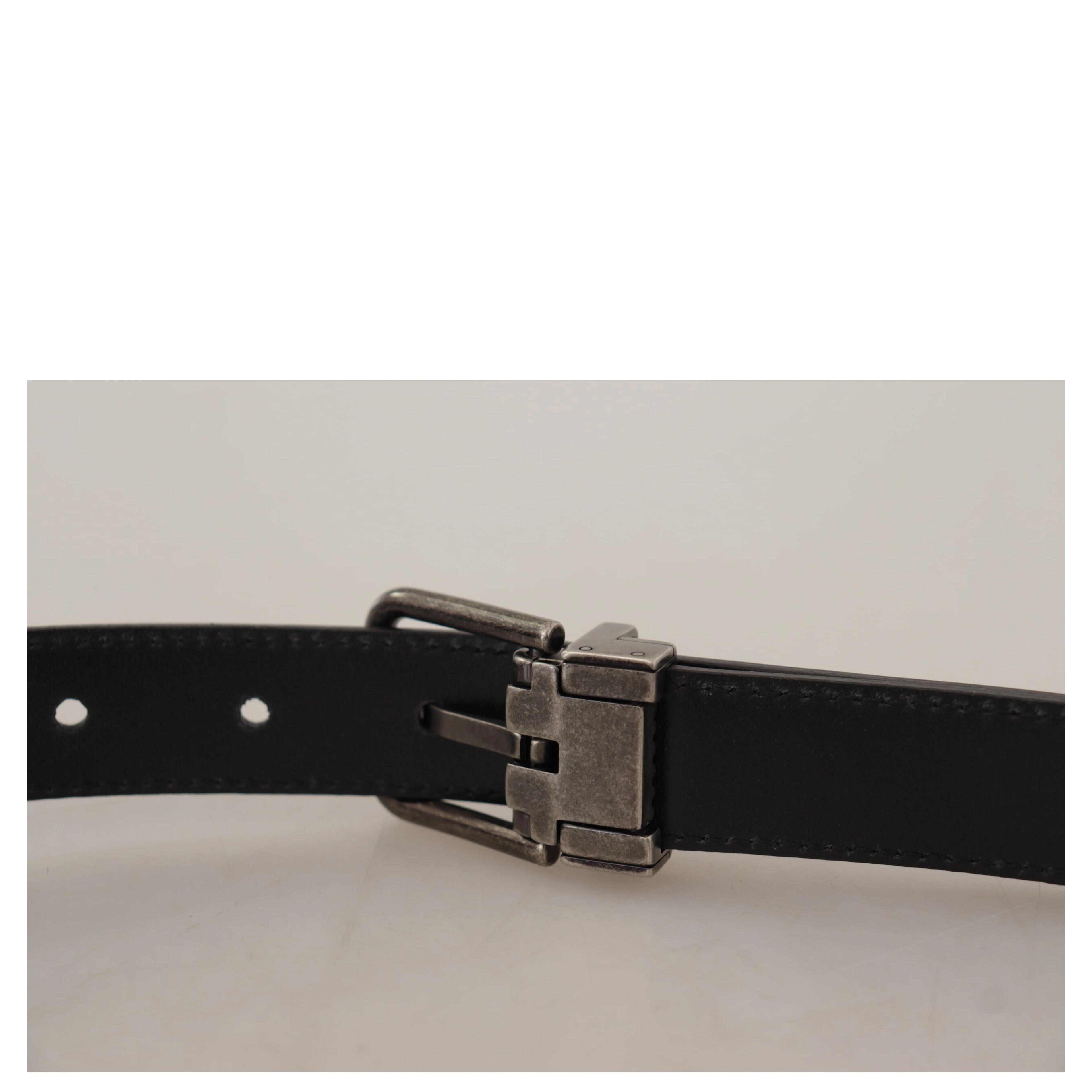 Black Plain Leather Vintage Logo Metal Buckle Belt