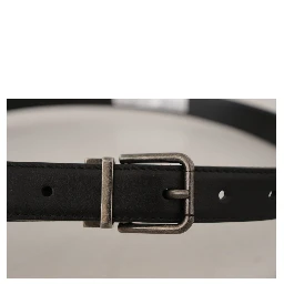 Black Plain Leather Vintage Logo Metal Buckle Belt