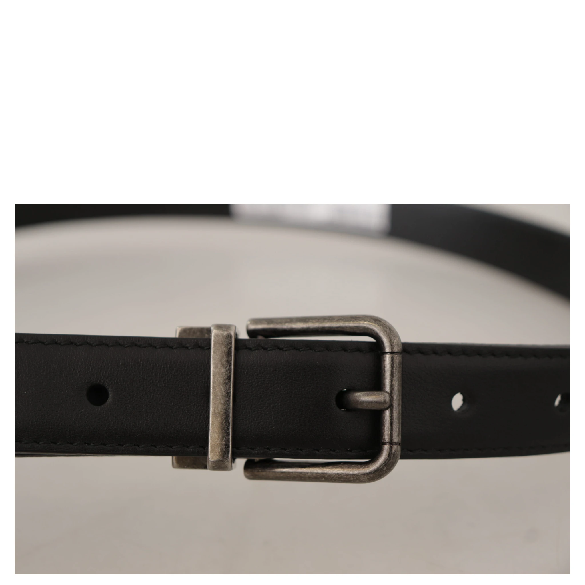 Black Plain Leather Vintage Logo Metal Buckle Belt
