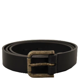 Black Calf Leather Logo Brass Metal Buckle Belt