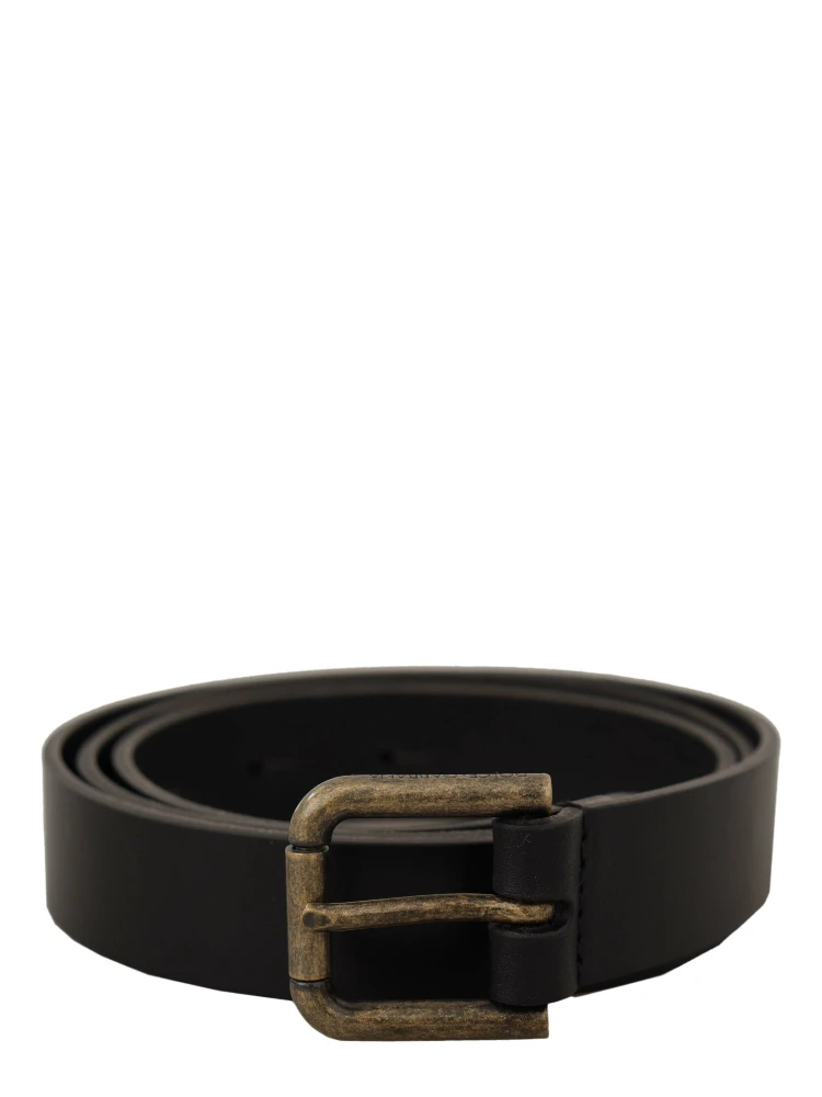 Black Calf Leather Logo Brass Metal Buckle Belt