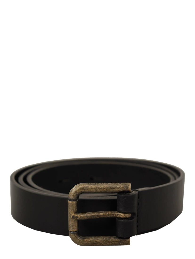 Black Calf Leather Logo Brass Metal Buckle Belt