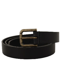 Black Calf Leather Logo Brass Metal Buckle Belt