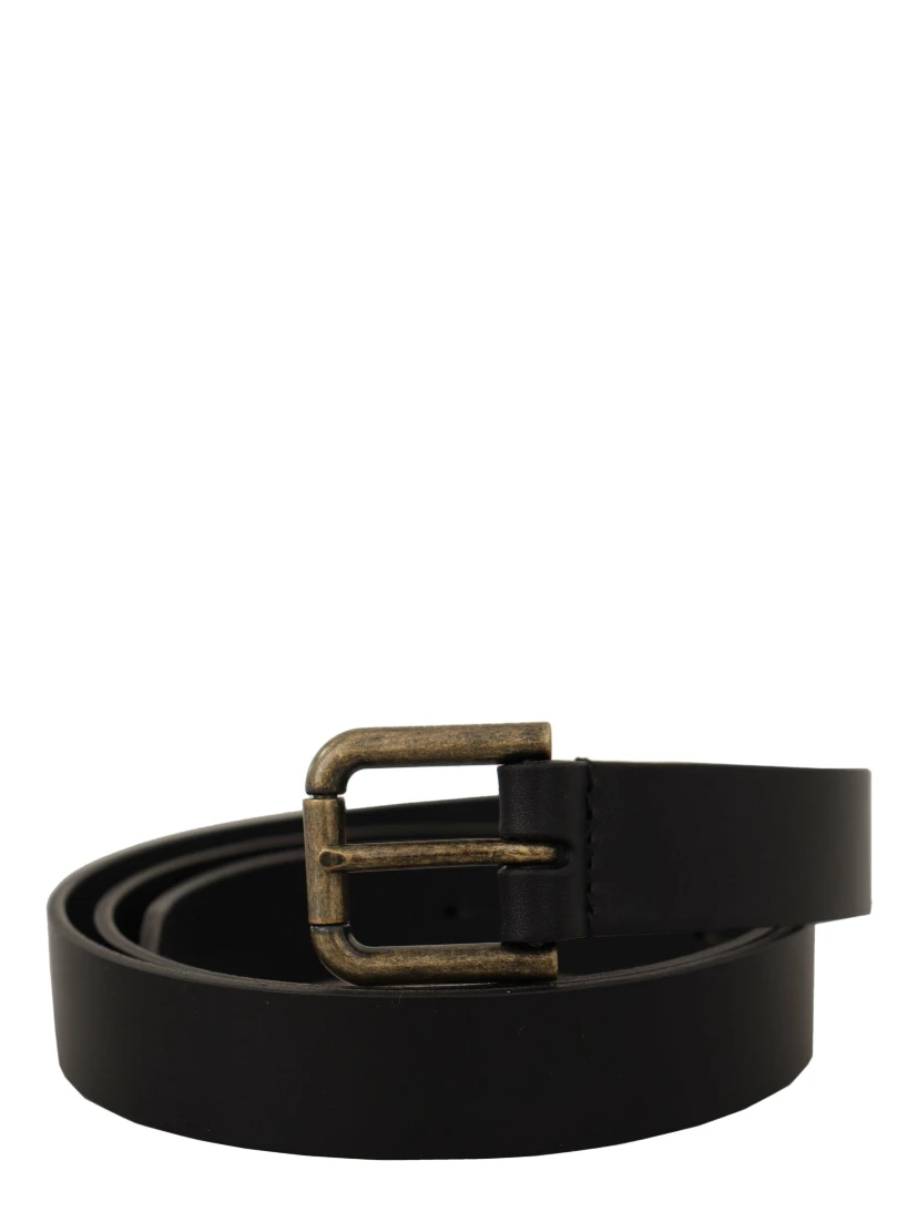 Black Calf Leather Logo Brass Metal Buckle Belt