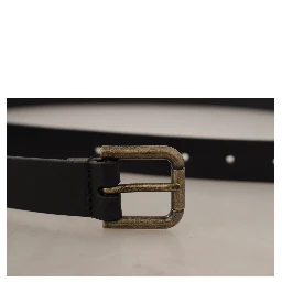 Black Calf Leather Logo Brass Metal Buckle Belt