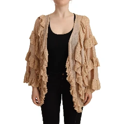 Beige Ruffle Long Sleeves Open Front Cardigan Sweater