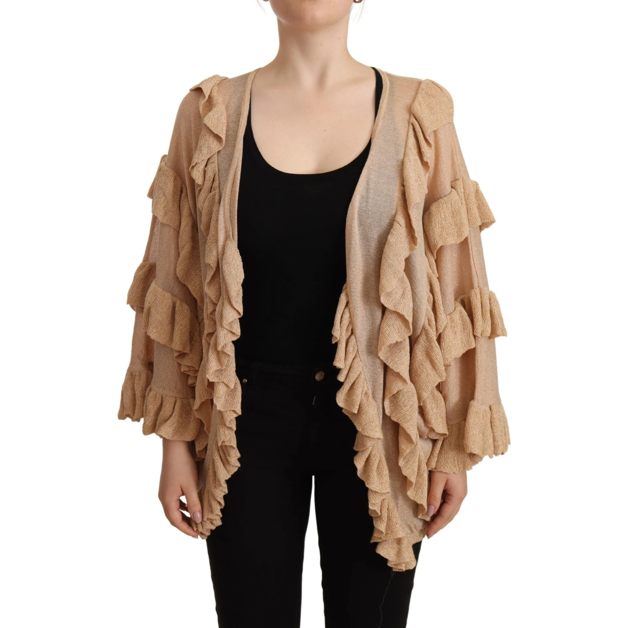 Beige Ruffle Long Sleeves Open Front Cardigan Sweater