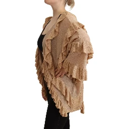 Beige Ruffle Long Sleeves Open Front Cardigan Sweater