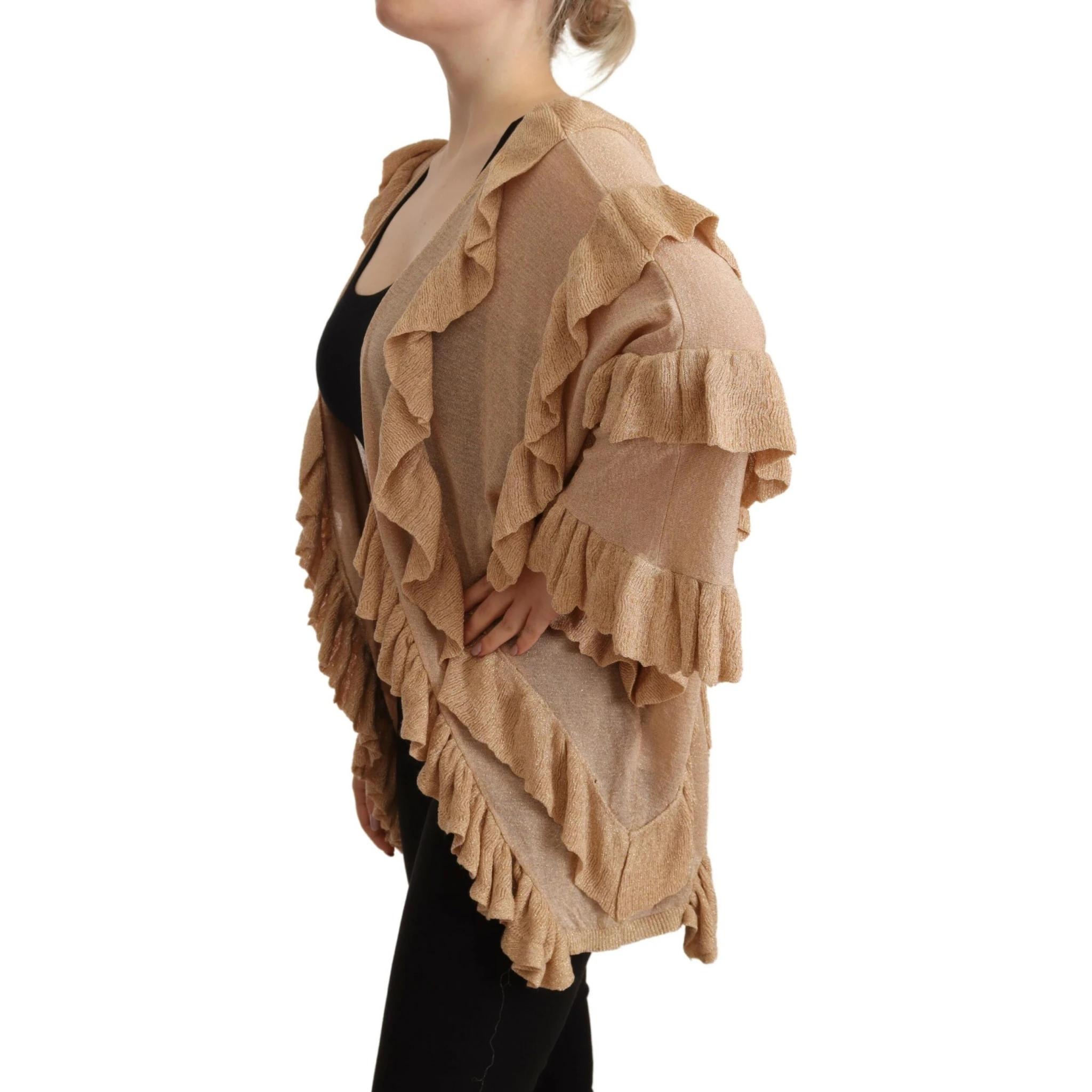 Beige Ruffle Long Sleeves Open Front Cardigan Sweater