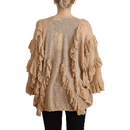 Beige Ruffle Long Sleeves Open Front Cardigan Sweater
