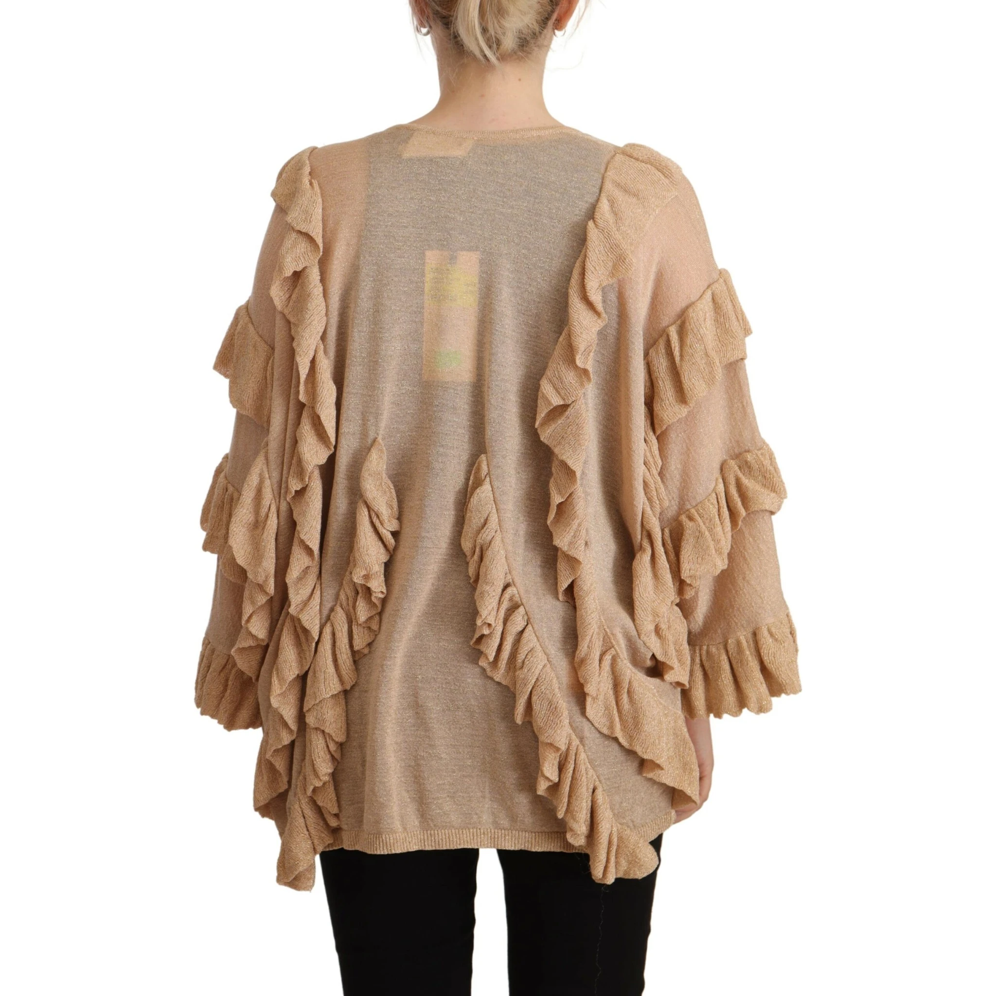 Beige Ruffle Long Sleeves Open Front Cardigan Sweater