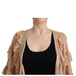 Beige Ruffle Long Sleeves Open Front Cardigan Sweater