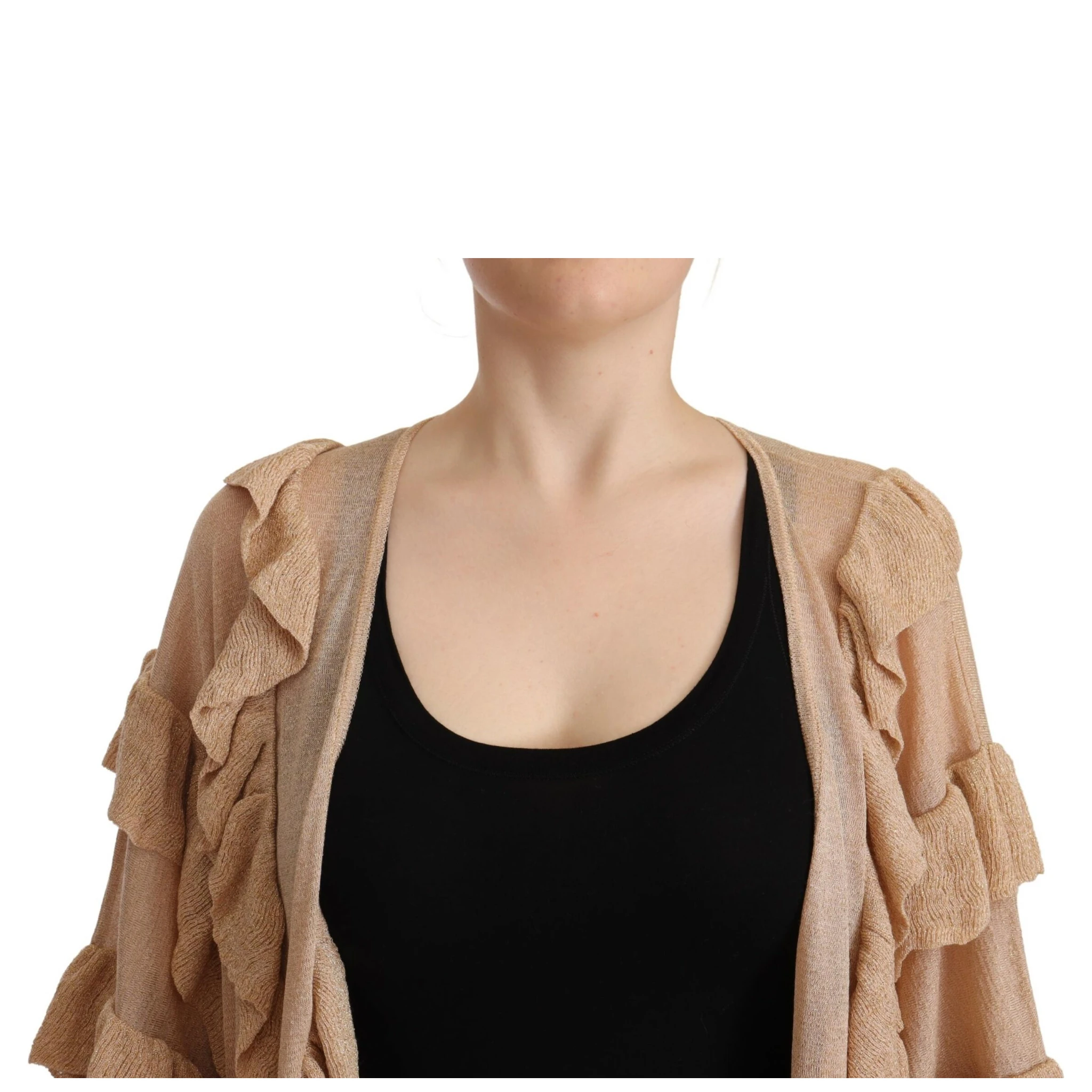 Beige Ruffle Long Sleeves Open Front Cardigan Sweater