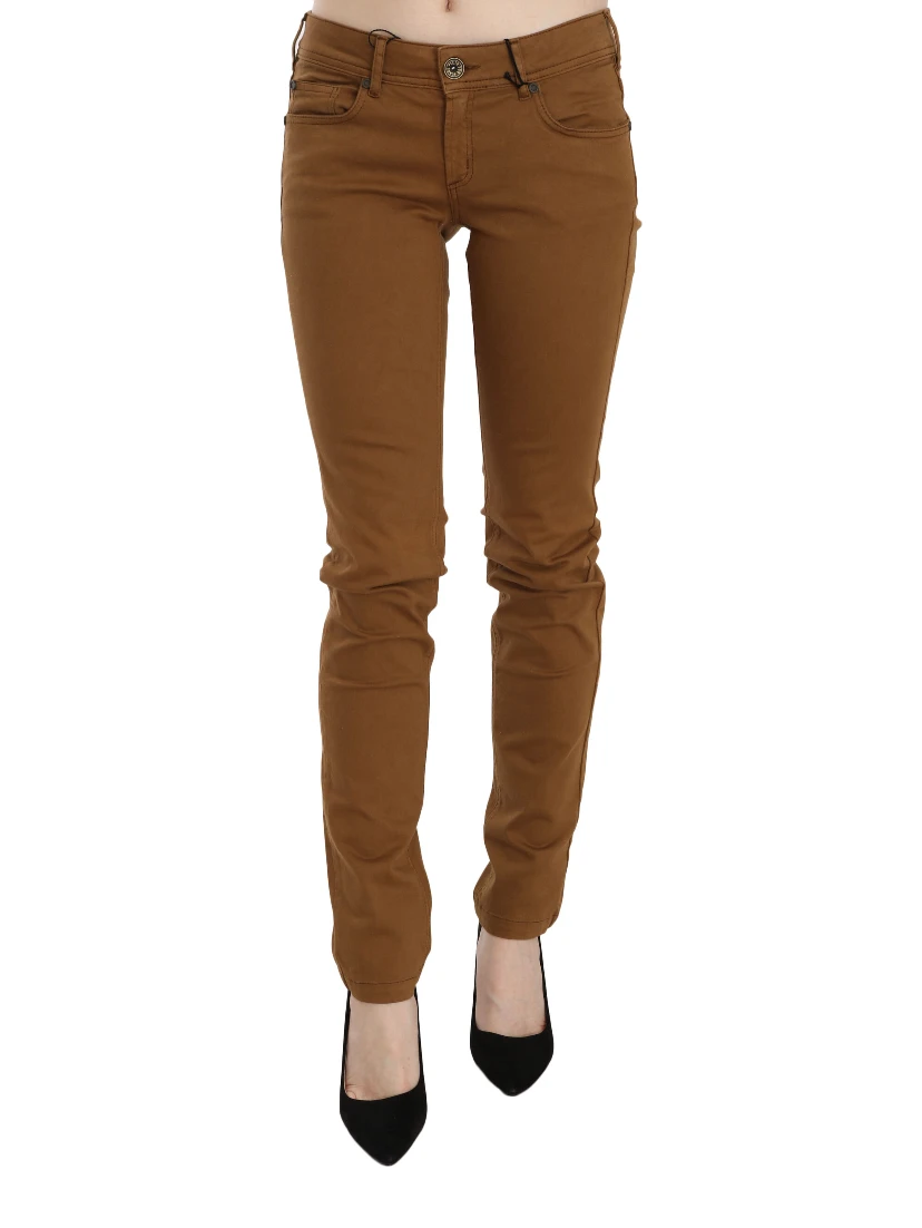 Brown Cotton Mid Waist Skinny Slim Fit Denim Jeans