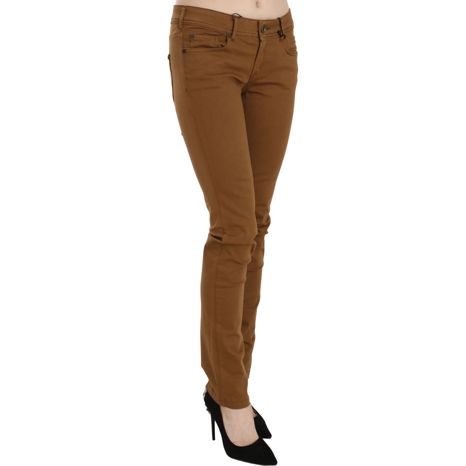 Brown Cotton Mid Waist Skinny Slim Fit Denim Jeans