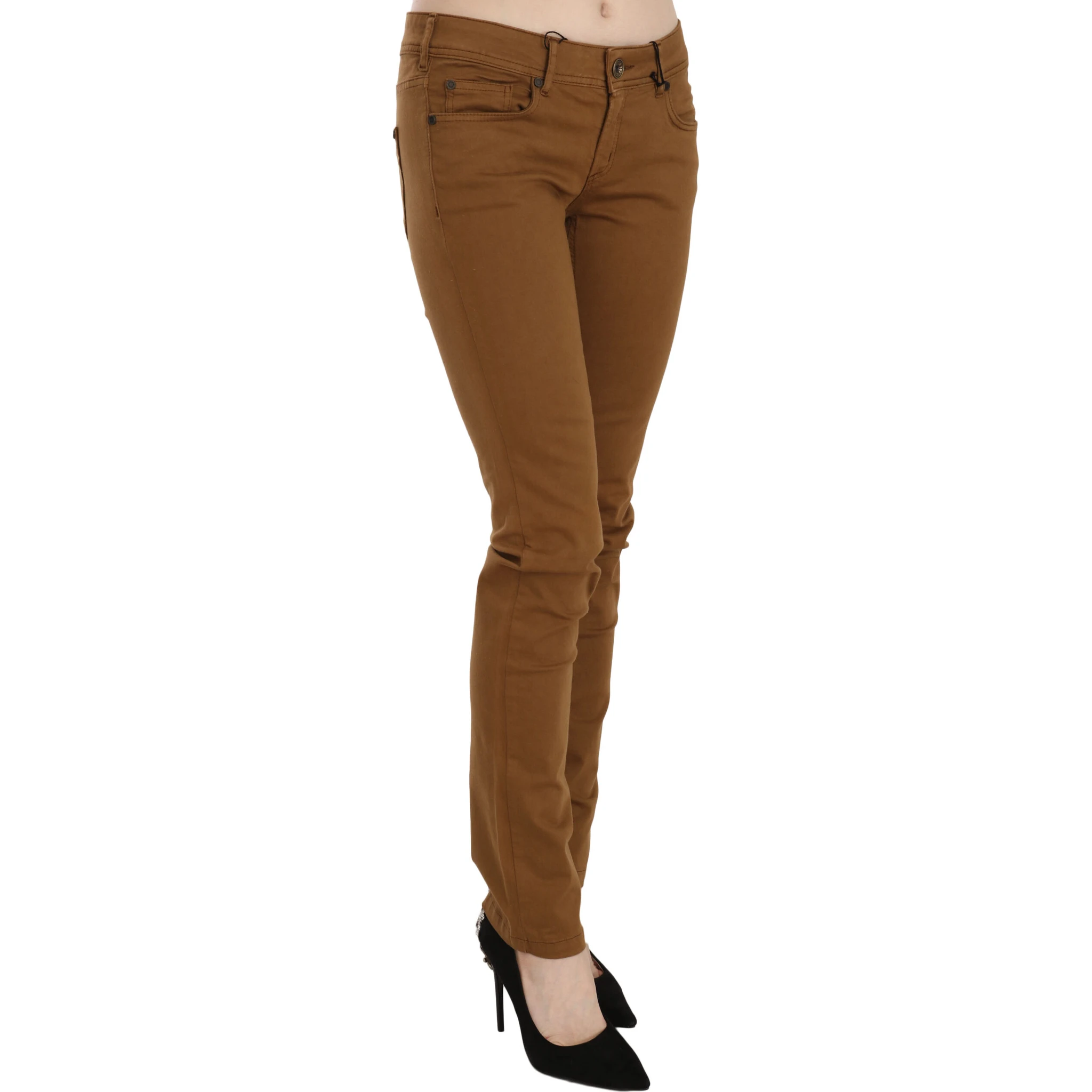 Brown Cotton Mid Waist Skinny Slim Fit Denim Jeans