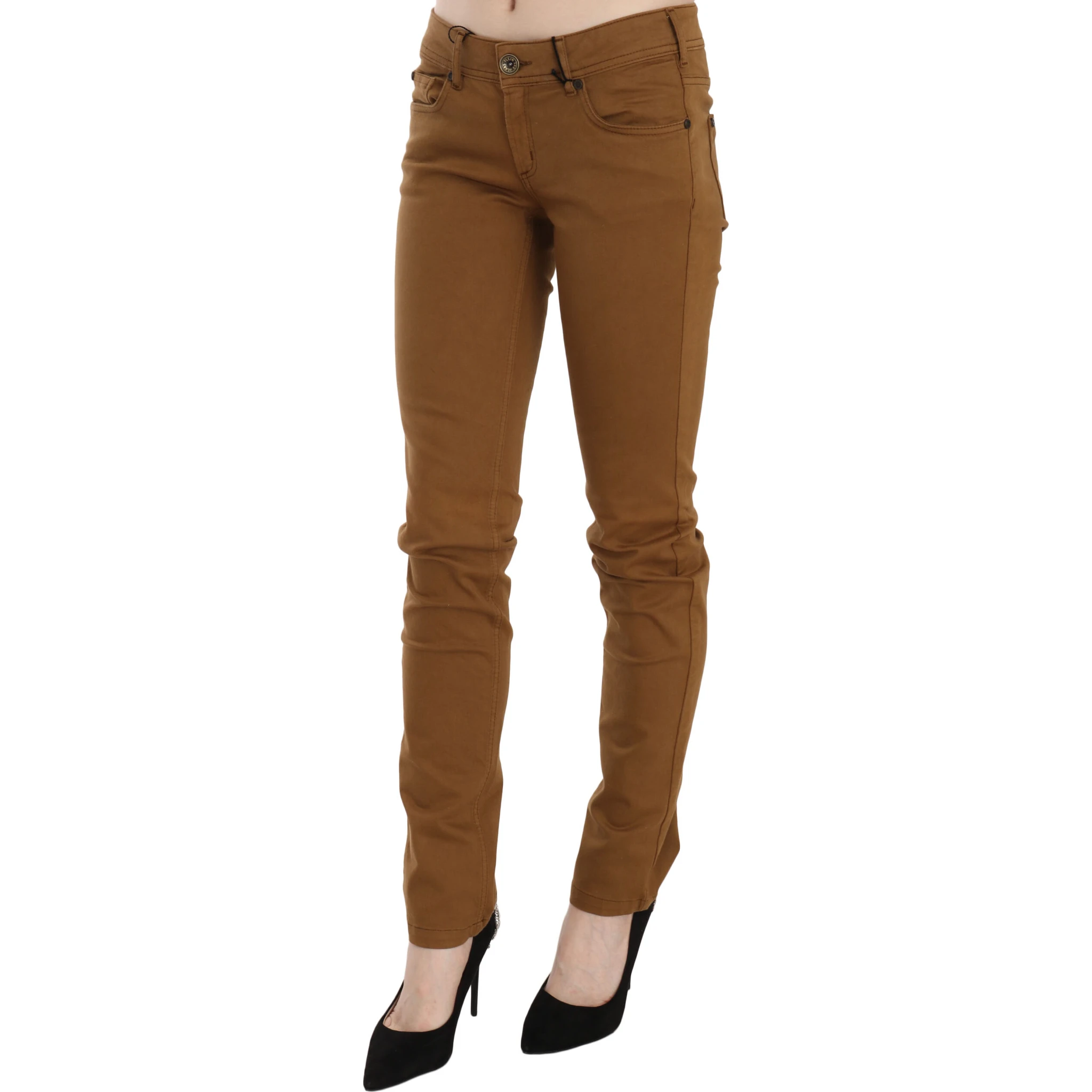 Brown Cotton Mid Waist Skinny Slim Fit Denim Jeans