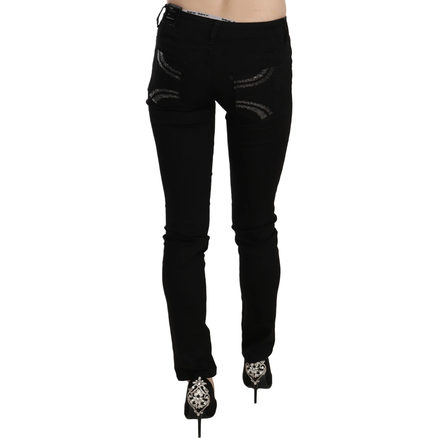 Black Sequined Mid Waist Slim Fit Denim Jeans