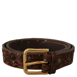 Brown Calf Leather Embossed Gold Metal Buckle