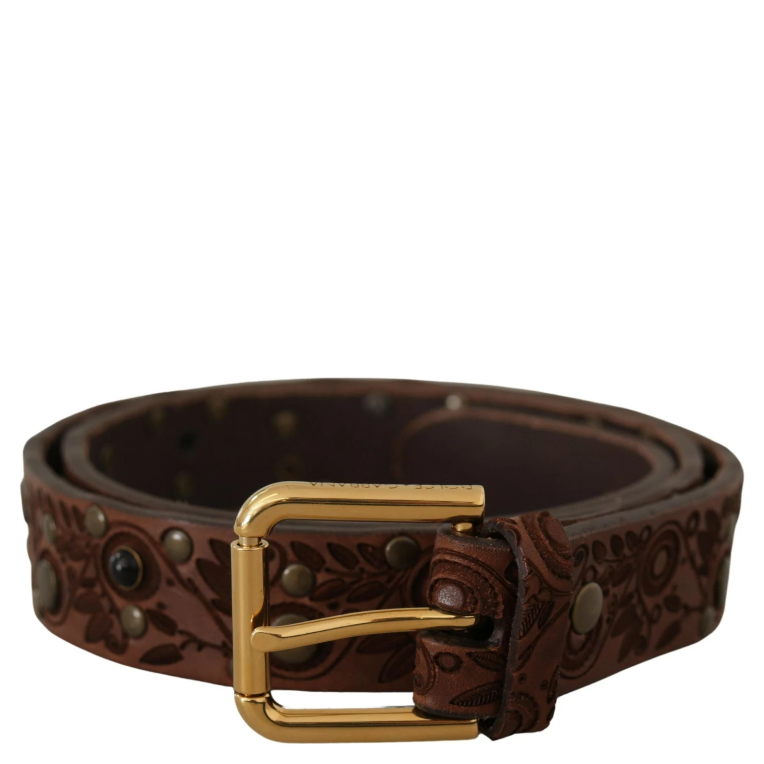 Brown Calf Leather Embossed Gold Metal Buckle