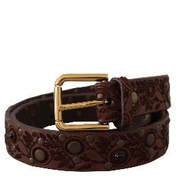 Brown Calf Leather Embossed Gold Metal Buckle