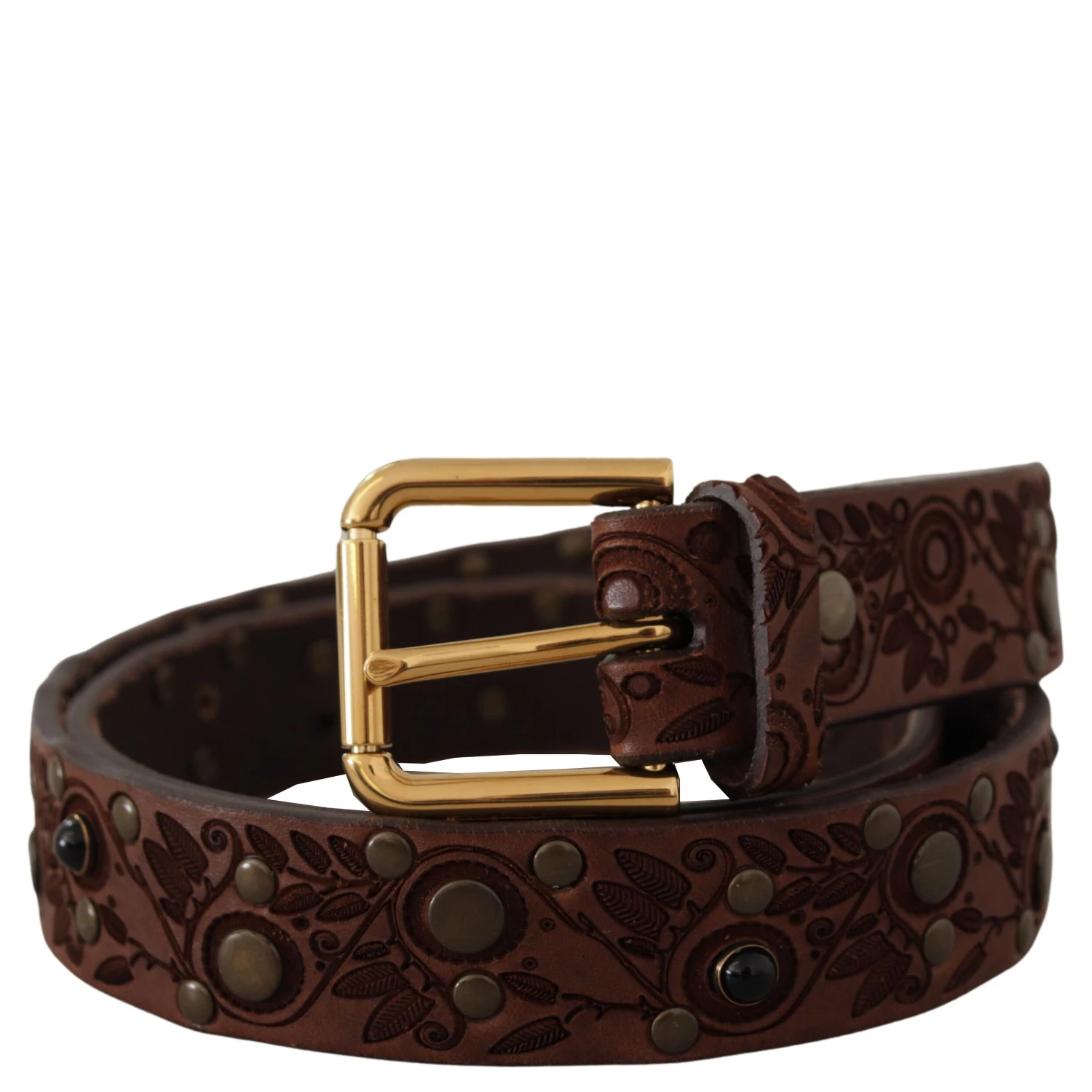 Brown Calf Leather Embossed Gold Metal Buckle