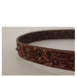 Brown Calf Leather Embossed Gold Metal Buckle