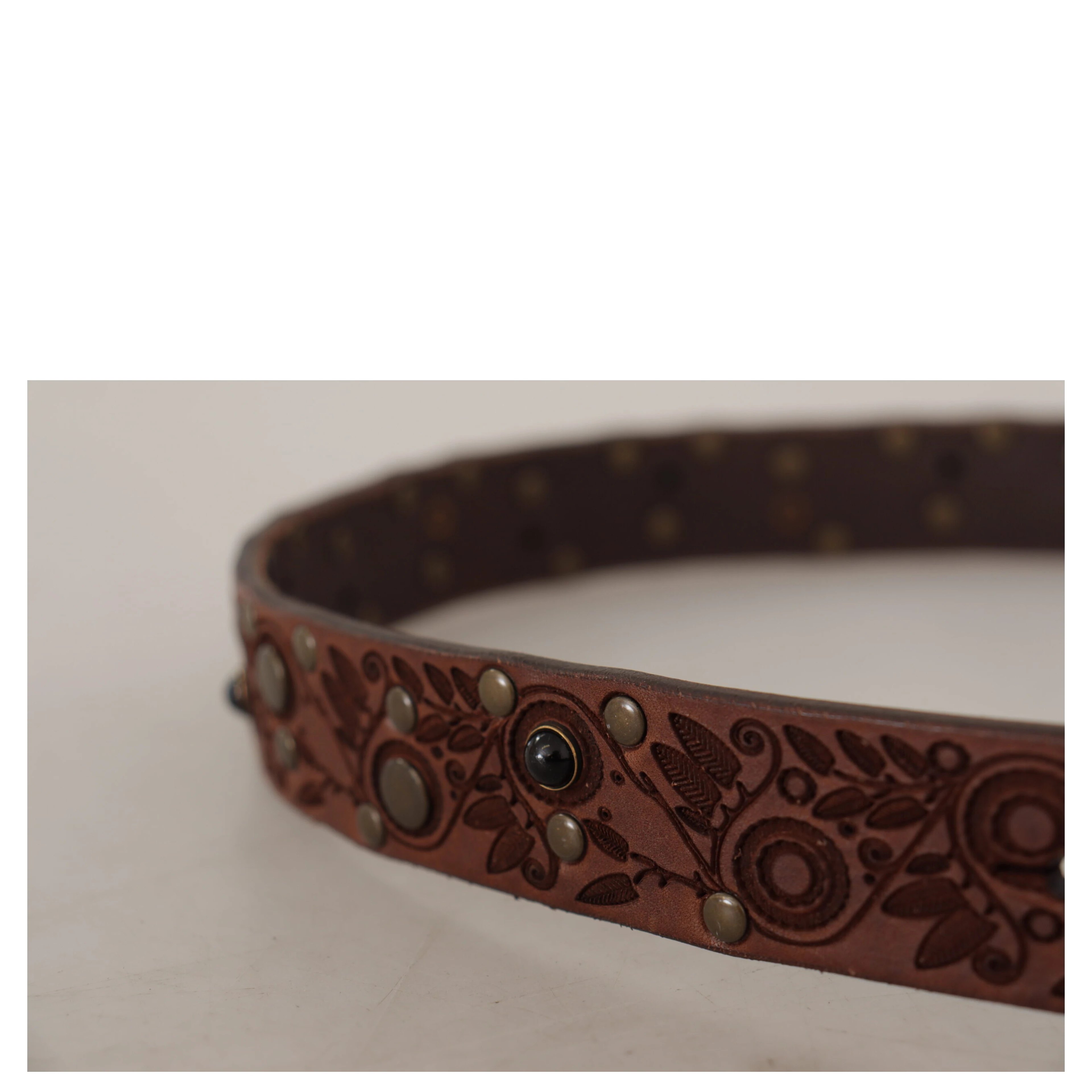 Brown Calf Leather Embossed Gold Metal Buckle
