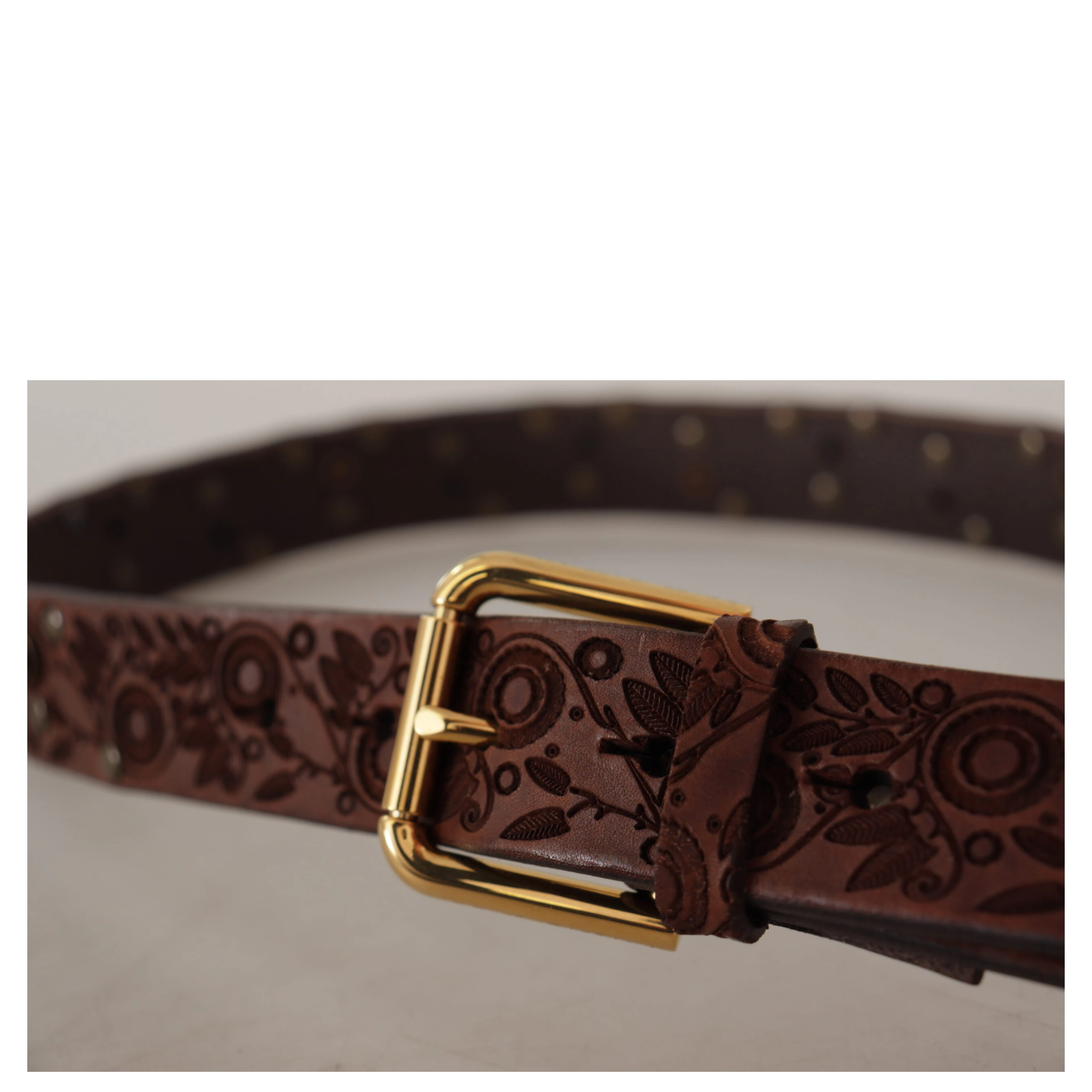 Brown Calf Leather Embossed Gold Metal Buckle