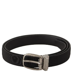 Black Calf Canvas Silver Tone Logo Metal Belt