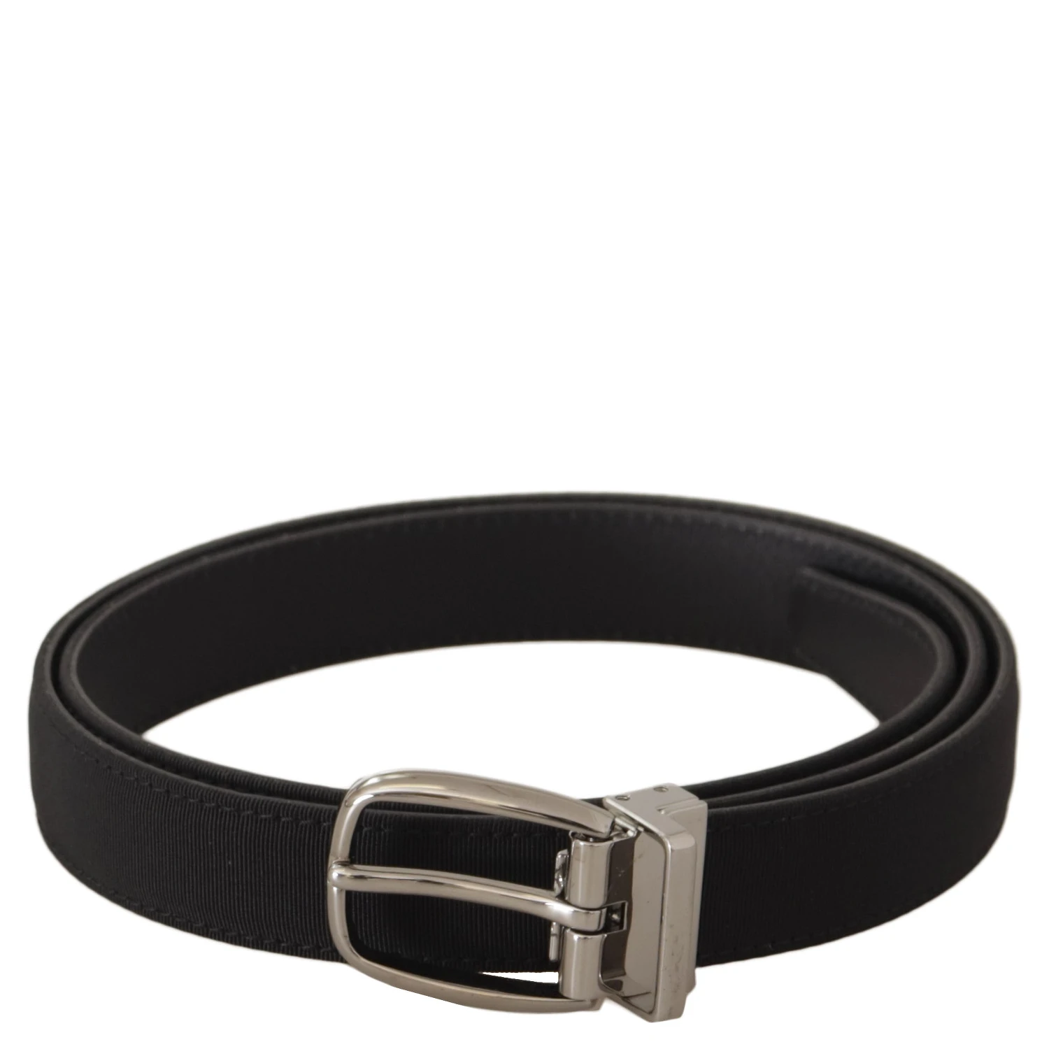 Black Calf Canvas Silver Tone Logo Metal Belt