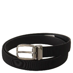 Black Calf Canvas Silver Tone Logo Metal Belt
