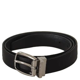 Black Calf Leather Silver Logo Metal Buckle Belt