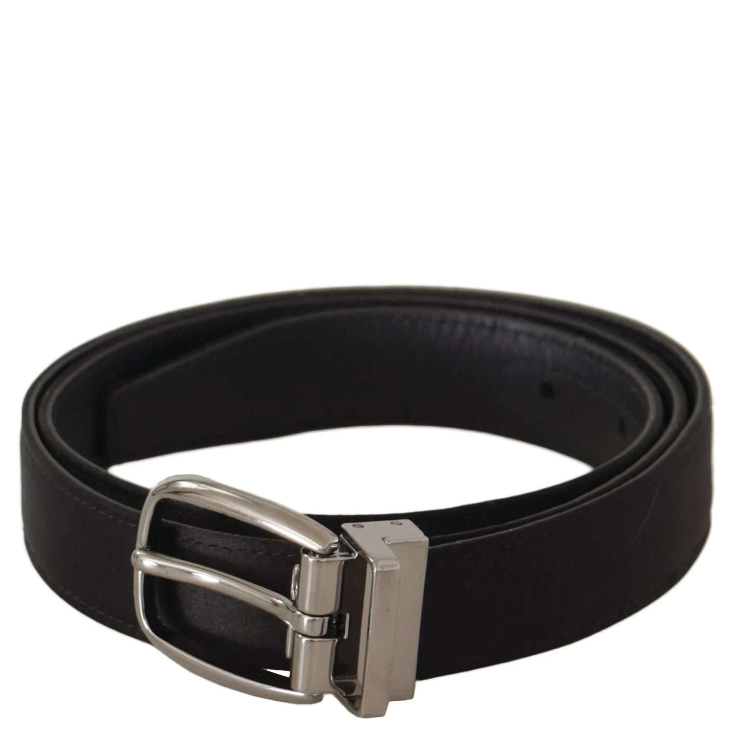 Black Calf Leather Silver Logo Metal Buckle Belt