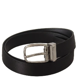 Black Calf Leather Silver Logo Metal Buckle Belt